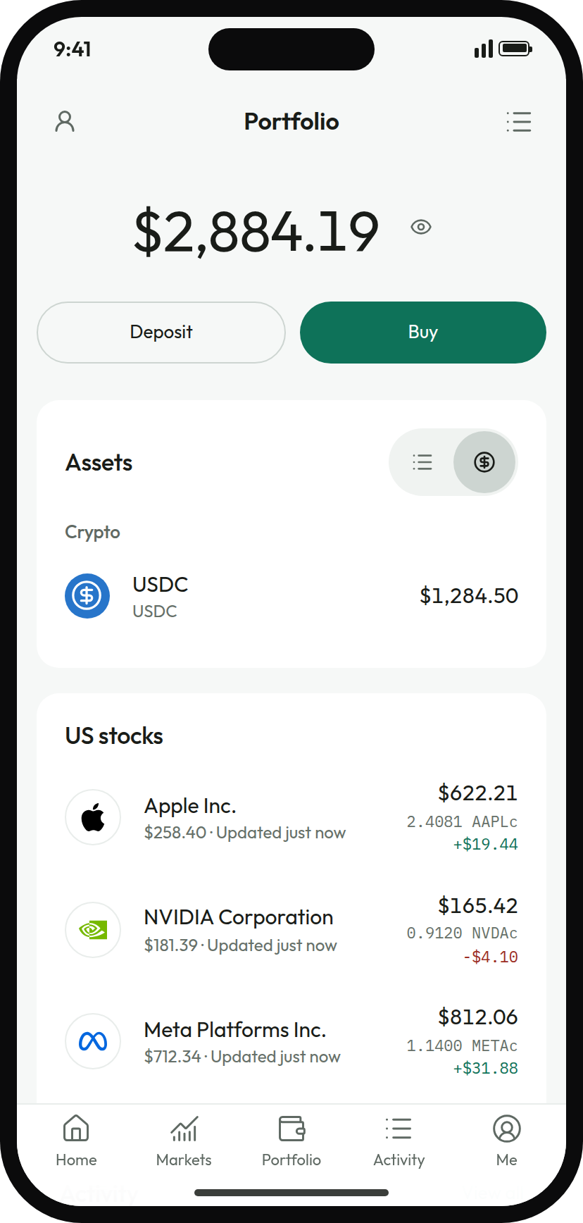 Portfolio screen with an illustrative holding.